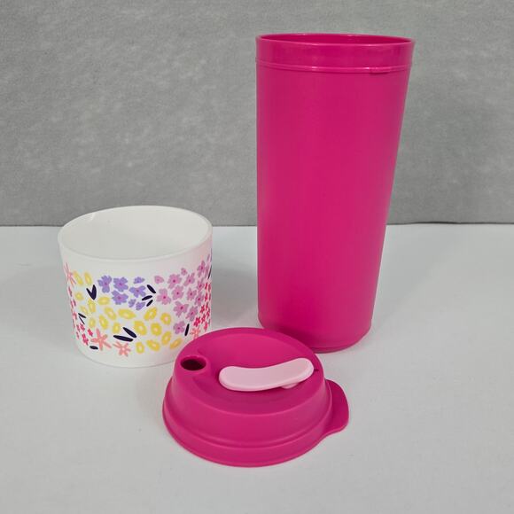 Tupperware Eco To Go Hot or Cold 16 oz Tumbler Pink Floral Removable Sleeve NEW - Picture 5 of 7